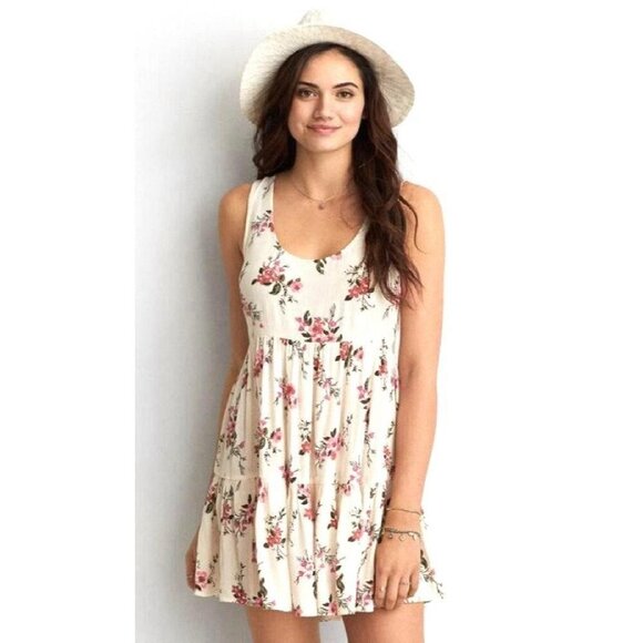 AMERICAN EAGLE Floral Milkmaid Babydoll Mini Dress Small Tiered Cottage Prairie - Picture 1 of 11